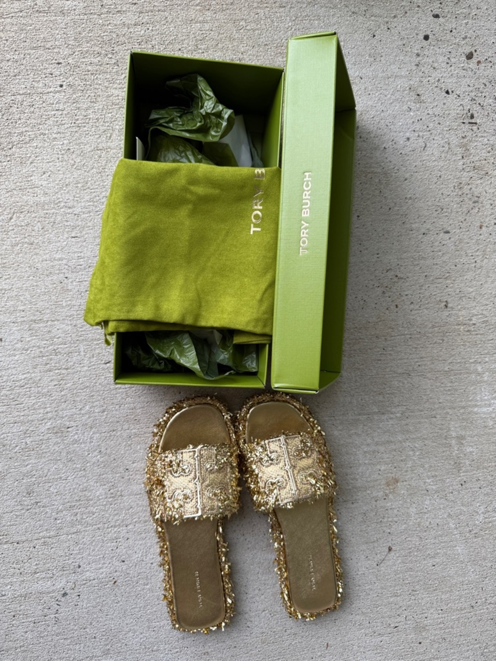 NIB Tory Burch Double T Sport Slides Tinsel Gold Size 8 (NEW!) - Picture 4 of 7
